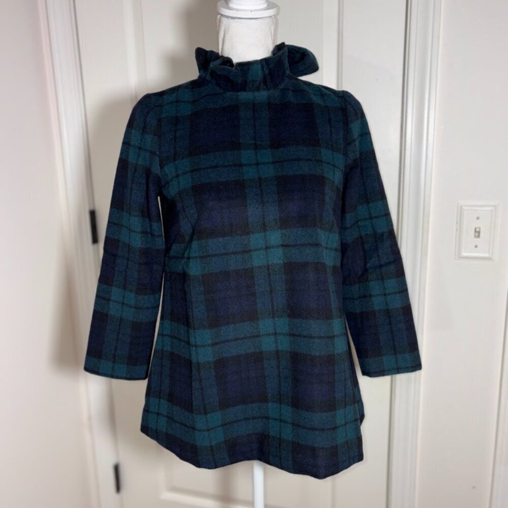 NEW NWT Tuckernuck Blackwatch Faye Blouse Green Navy Plaid Ruffle Tie Prep XS - Picture 2 of 14